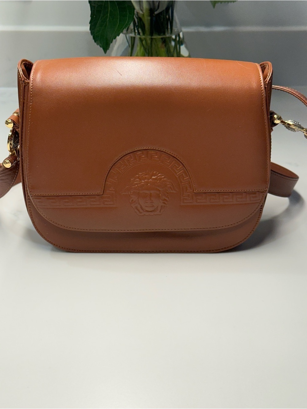 Vintage Gianni Versace Cognac Leather Crossbody with Medusa Relief